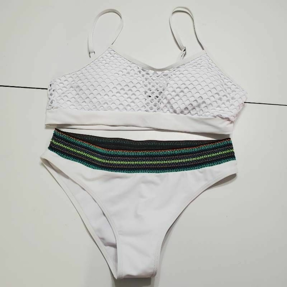 Shein Womens Bikini Swimsuit White Stretch Padded Adjustable Laser Cut Out L